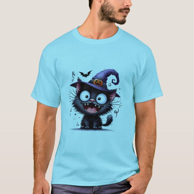 Camiseta Cute Halloween Witch Cat Pumpkin Hat Sticker ✨🐾🎃 (Frente)
