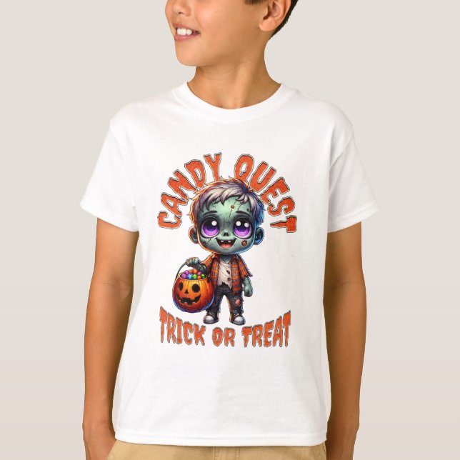 Camiseta Cute Halloween Zombie Kid Candy Quest (Frente)
