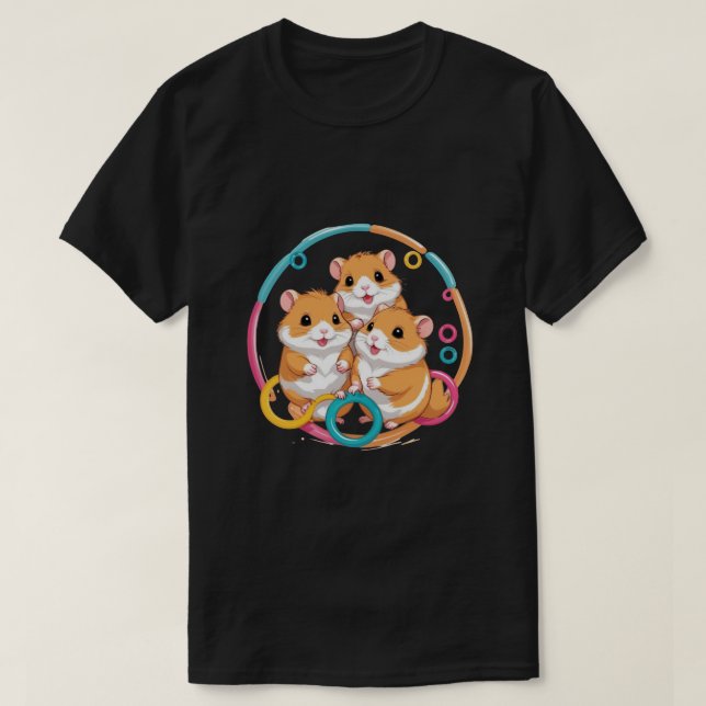 Camiseta Cute Hamster Trio in Colorful Rings (Frente do Design)