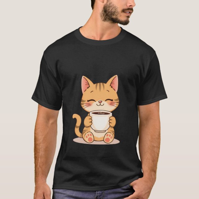 Camiseta Cute Happy Ginger Cat Sips Warm Coffee Mug ✨🐾☕ (Frente)