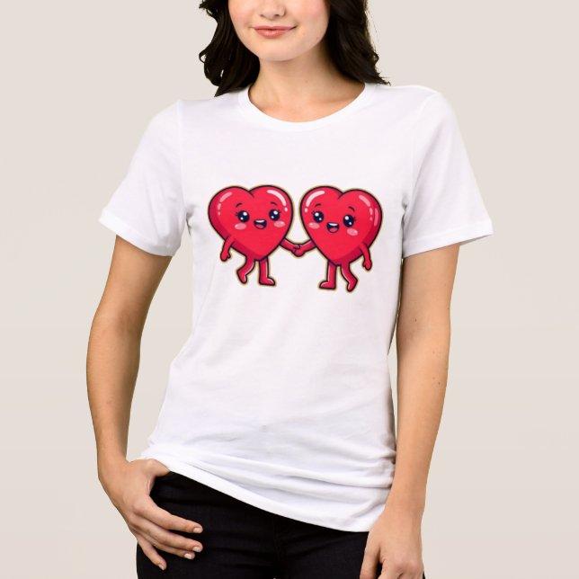 Camiseta Cute Heart Characters Holding Hands (Frente)