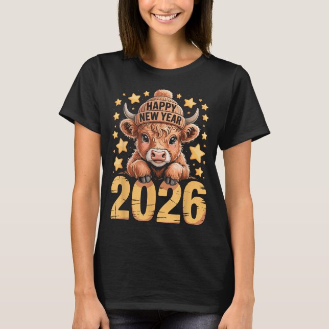 Camiseta Cute Highland Cow Happy New Year 2026 Tee Funny An (Frente)