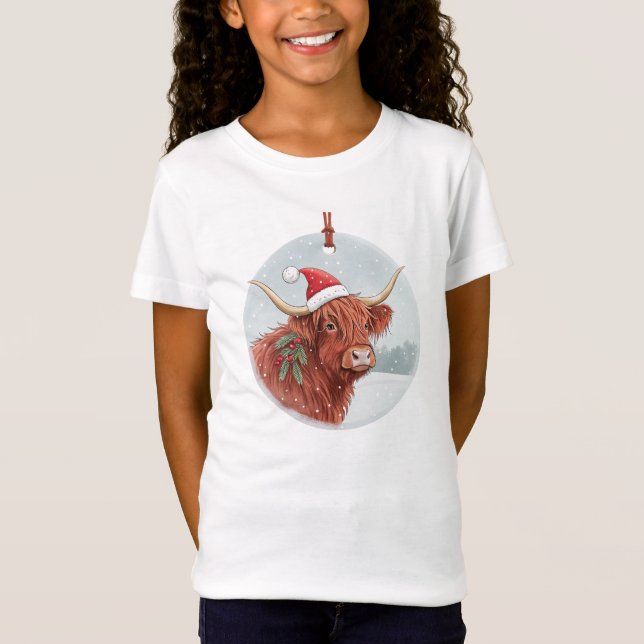 Camiseta Cute Highland Cow Kids Christmas Shirt | Santa Hat (Frente)