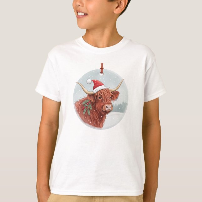 Camiseta Cute Highland Cow Kids Christmas Shirt | Santa Hat (Frente)