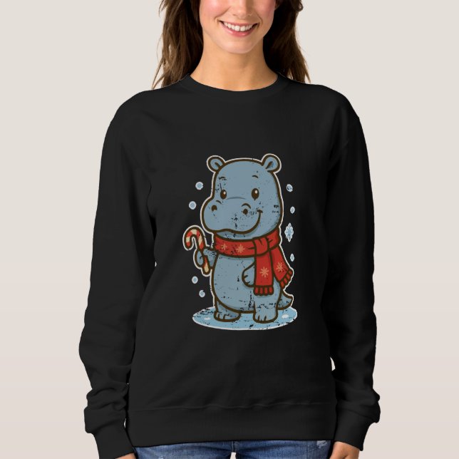 Camiseta Cute Hippo Winter with Candy Cane (Frente)