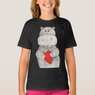 Camiseta Cute Hippopotamus Segurando Coração  Love Hippo
