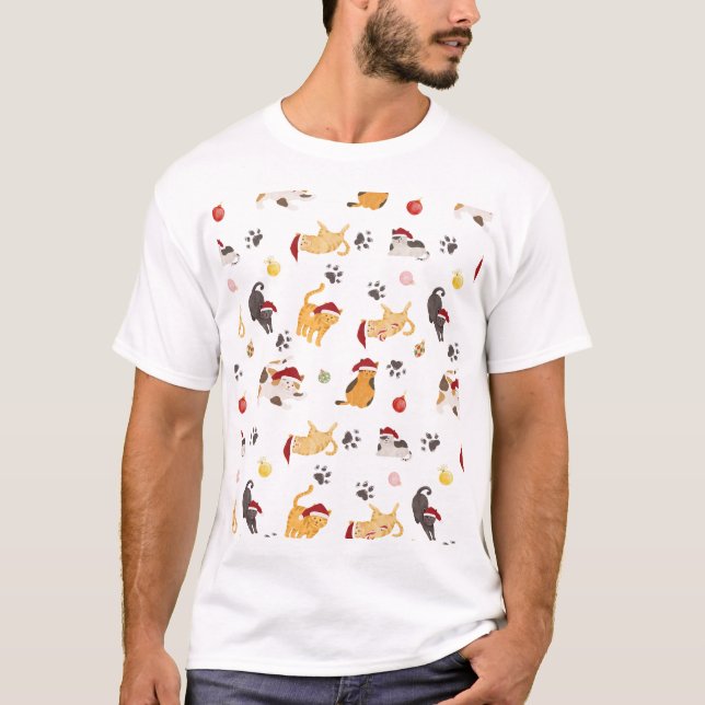 Camiseta Cute Holiday Cat Pattern (Frente)