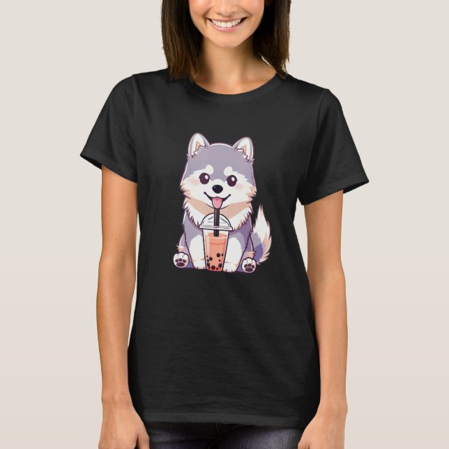 Camiseta Cute Husky Dog Drinking Bubble Milk Tea  Dog (Frente)