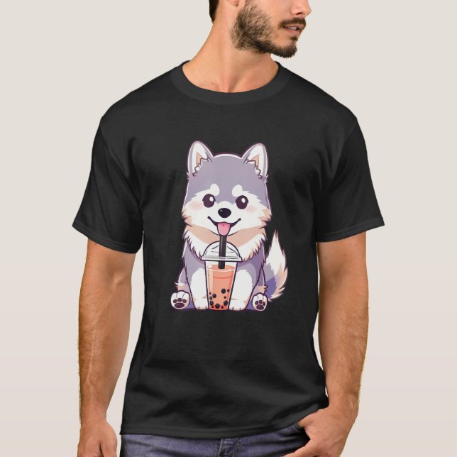 Camiseta Cute Husky Dog Drinking Bubble Milk Tea  Dog (Frente)