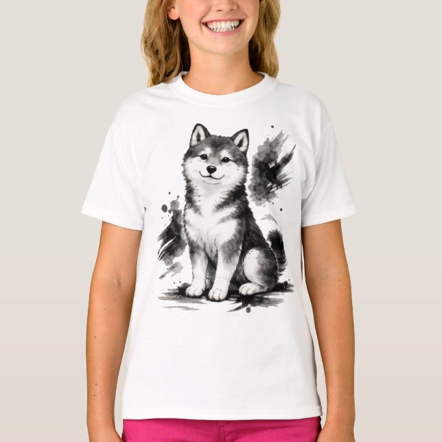 Camiseta 【Cute Husky Japanese Ink Art Girls T-Shirt】 (Frente)