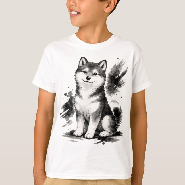 Camiseta 【Cute Husky Japanese Ink Art Kids T-Shirt】 (Frente)
