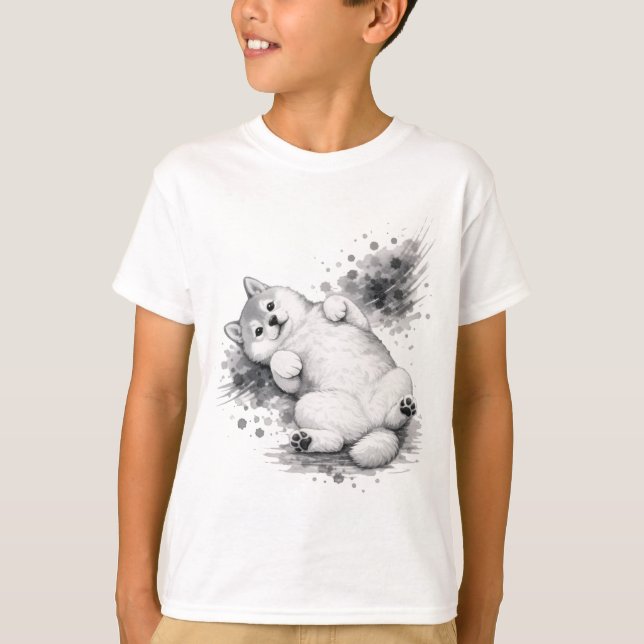 Camiseta 【Cute Husky Puppy Ink Art Kids T-Shirt】 (Frente)