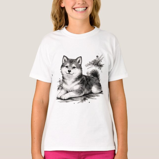 Camiseta 【Cute Husky Puppy Japanese Ink Art Girls T-Shirt】 (Frente)