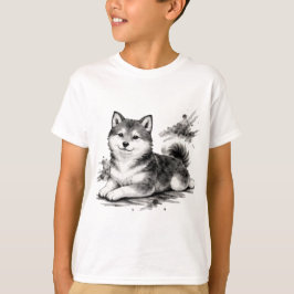 Camiseta 【Cute Husky Puppy Japanese Ink Art Kids T-Shirt】