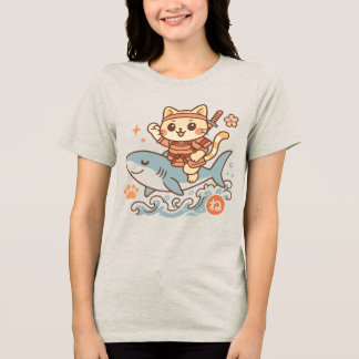 Camiseta Cute Japanese Kawaii Samurai Cat Riding Shark