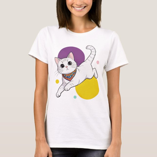 Camiseta Cute Kawai Cat Bandana Purple Hat Illustration (Frente)