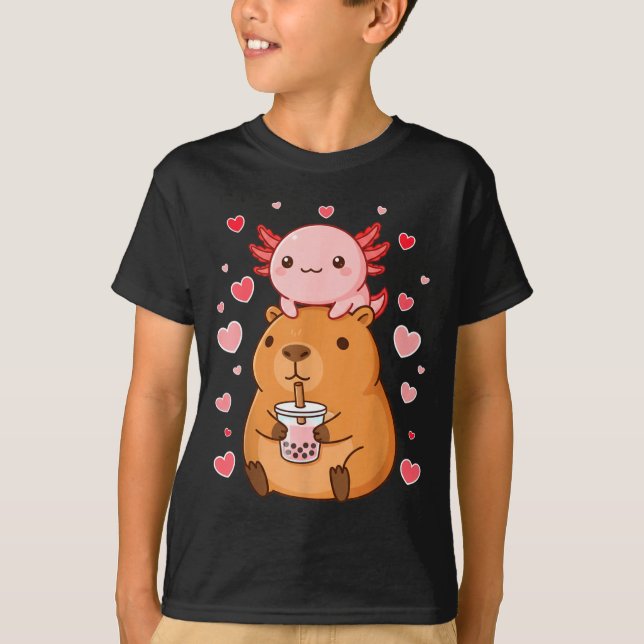 Camiseta Cute Kawaii Axolotl Capybara Bubble Tea Boys Girls (Frente)