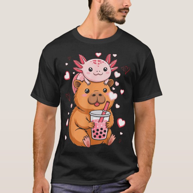 Camiseta Cute Kawaii Axolotl Capybara Bubble Tea Boys Girls (Frente)
