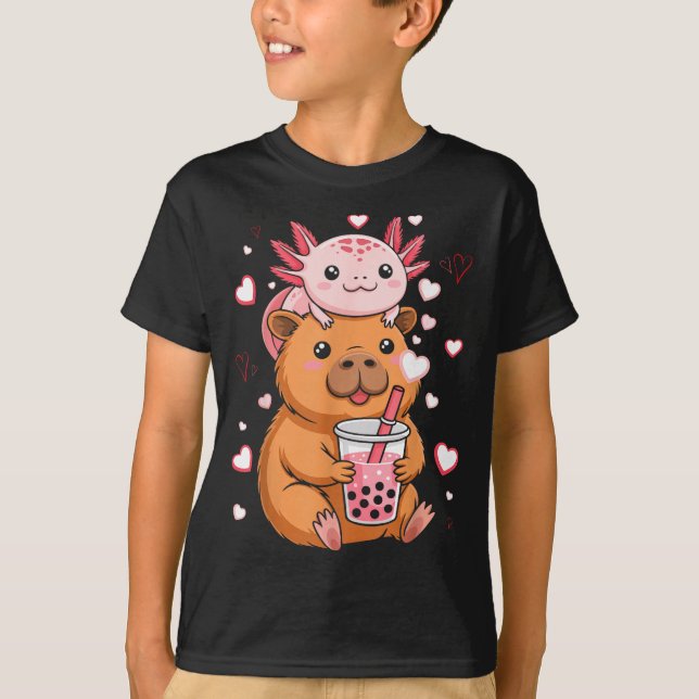 Camiseta Cute Kawaii Axolotl Capybara Bubble Tea Boys Girls (Frente)