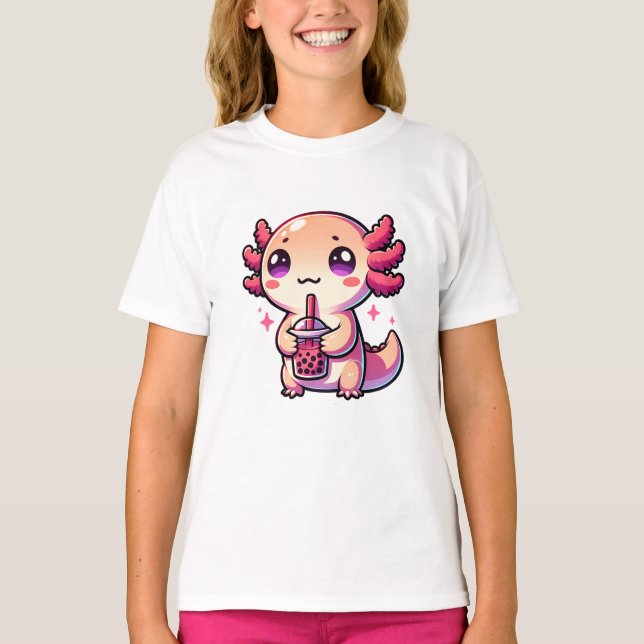 Camiseta Cute Kawaii Axolotl com Chá-Bolha (Frente)