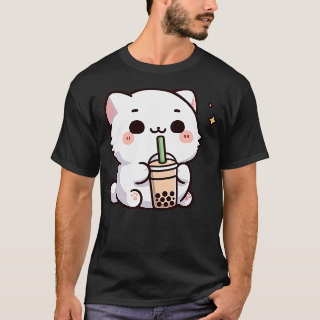 Camiseta Cute Kawaii Cat Drinking Boba Tea (Frente)