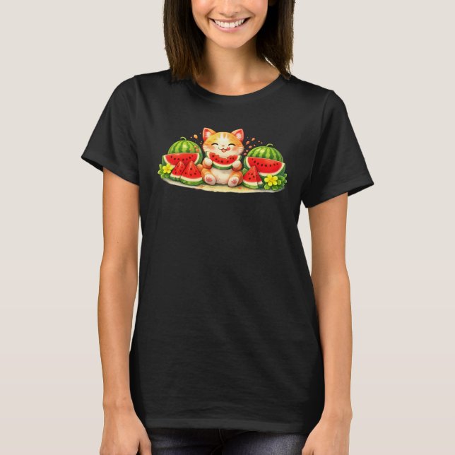 Camiseta Cute Kawaii Cat Eating Watermelon Illustration (Frente)