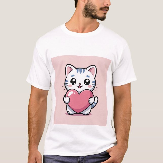 Camiseta Cute Kawaii Cat Hugging Giant Pink Heart Sticker ✨ (Frente)