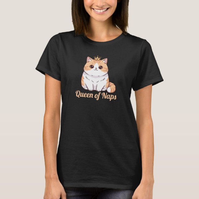 Camiseta Cute Kawaii Cat Queen of Naps Chubby Crown Cat (Frente)
