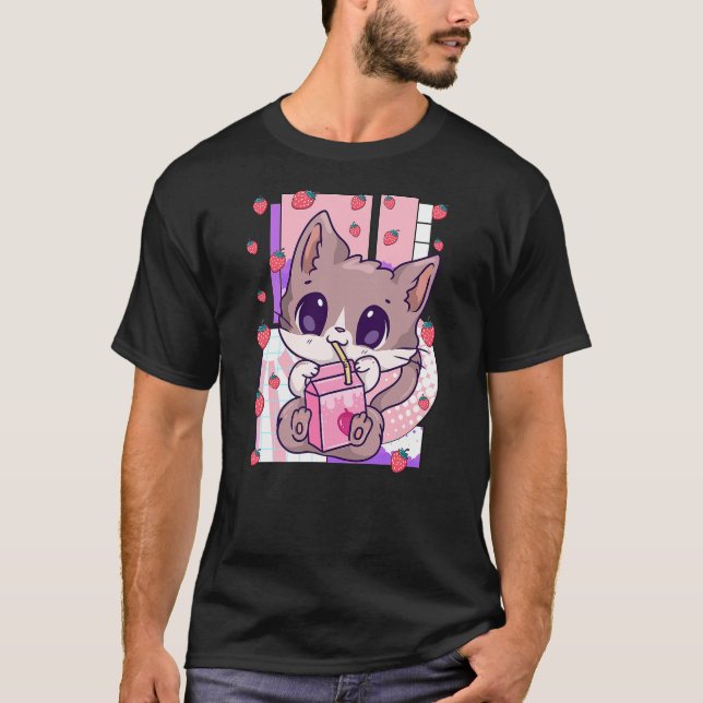Camiseta Cute Kawaii Cat Strawberry Milk Anime Neko Shake (Frente)