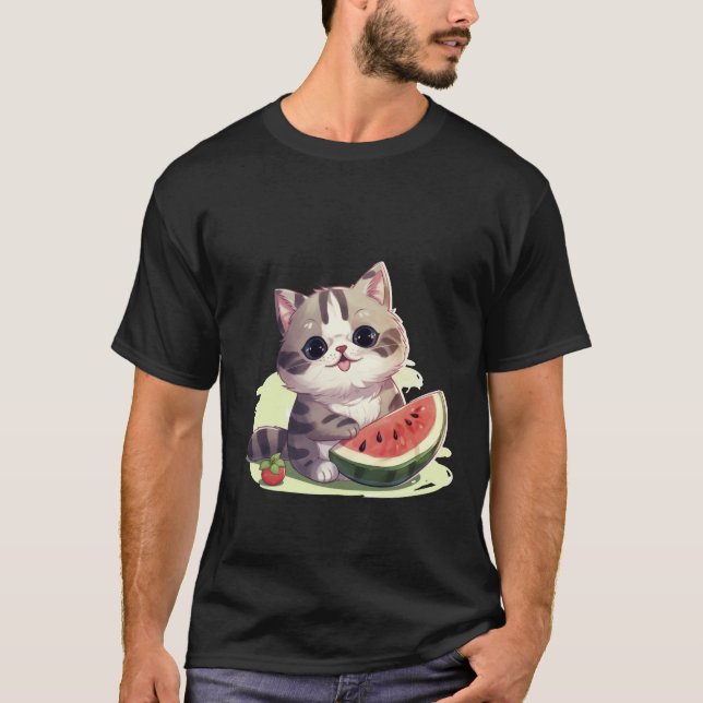 Camiseta Cute Kawaii Cat with Watermelon Summer Art ✨🐾🍉 (Frente)