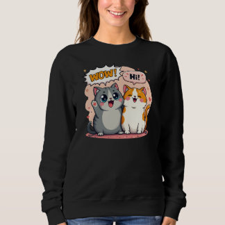 Camiseta Cute Kawaii Cats Quadrinho Dizendo Wow e Olá Crewn
