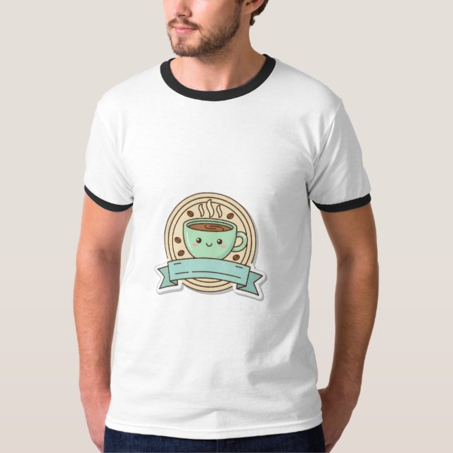 Camiseta Cute Kawaii Coffee Cup Badge with Coffee Beans T-S (Frente)