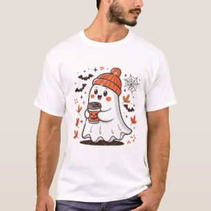 Camiseta Cute Kawaii Fantasma com Touca Laranja e Café