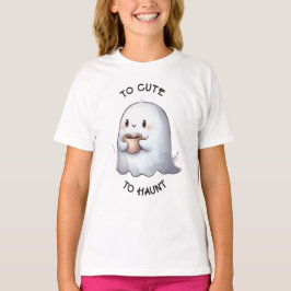 Camiseta Cute Kawaii Fantasma Segurando Café Aquarela 