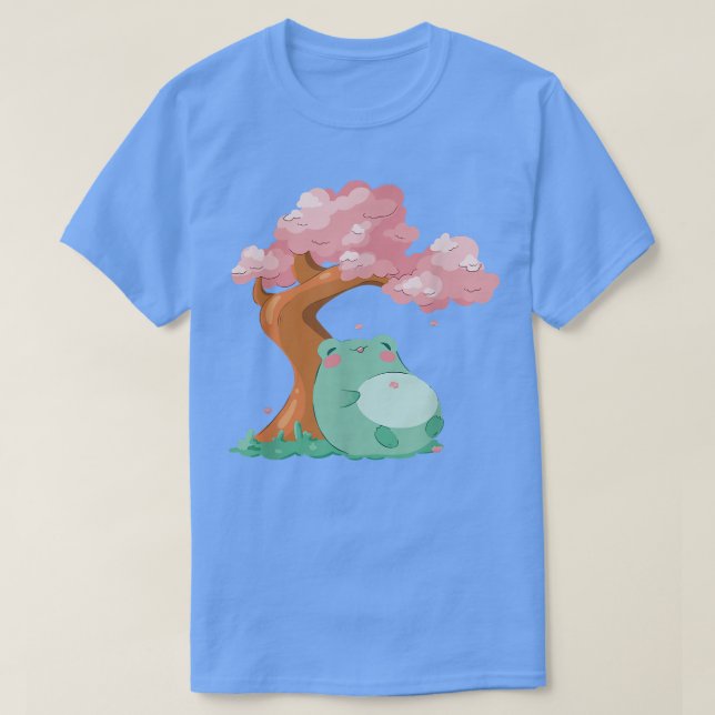 Camiseta Cute kawaii frog and Sakura Cherry Blossom tree Ja (Frente do Design)