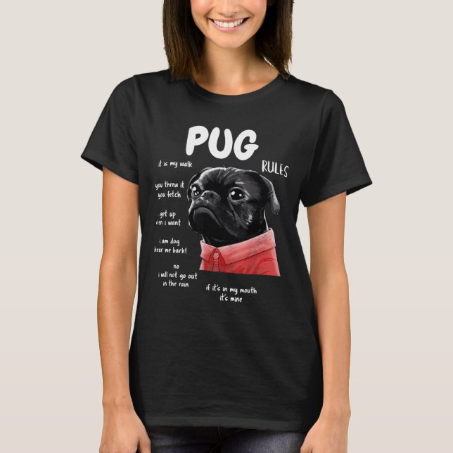 Camiseta Cute Kawaii Funny Black Pug Dog Rules Men Women Ki (Frente)