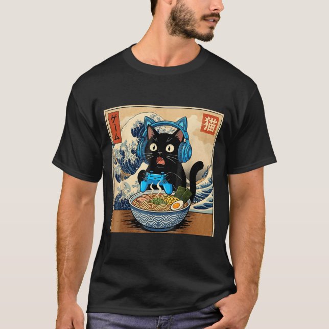Camiseta Cute Kawaii Gamer Cat Funny Ramen Japanese Cat Gam (Frente)