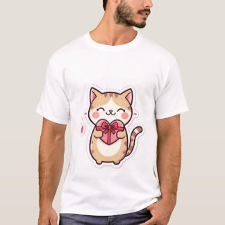 Camiseta Cute Kawaii Ginger Cat Holding Heart Gift Box  ✨💖