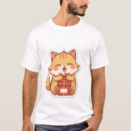 Camiseta Cute Kawaii Ginger Cat Hugging Gift Box  ✨🎁