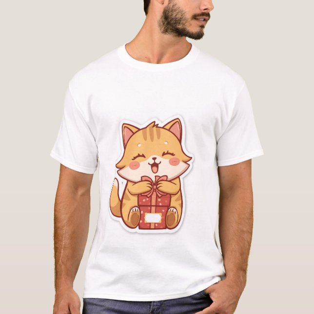 Camiseta Cute Kawaii Ginger Cat Hugging Gift Box  ✨🎁 (Frente)