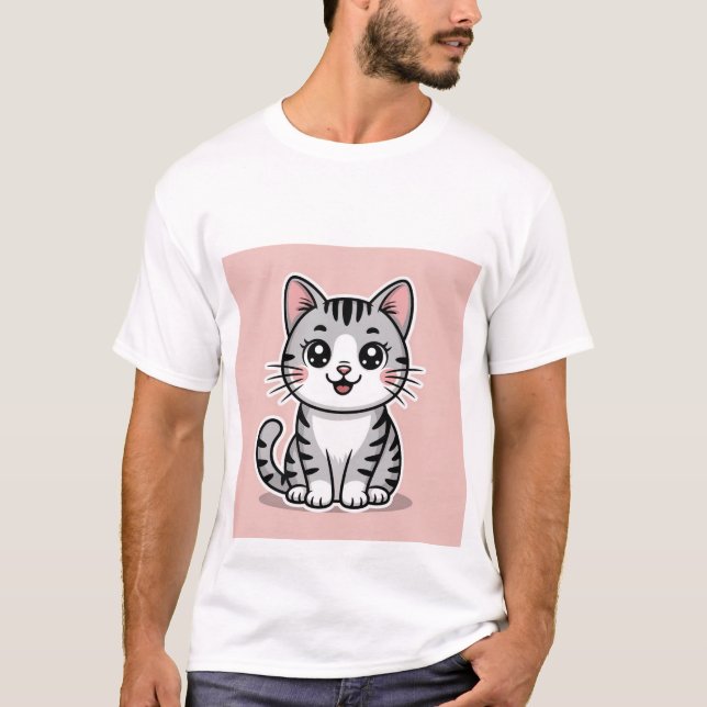Camiseta Cute Kawaii Grey Tabby Cat Smiling - Happy Kitten  (Frente)