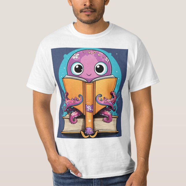 Camiseta Cute Kawaii Octopus Leitura De Dois Livros Abertos (Frente)