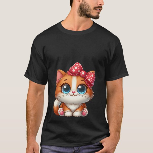 Camiseta Cute Kawaii Orange Kitten Red Polka Dot Bow Cat  (Frente)