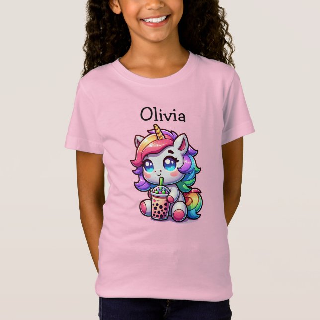 Camiseta Cute Kawaii Unicórnio com Chá Bble Personalizado (Frente)