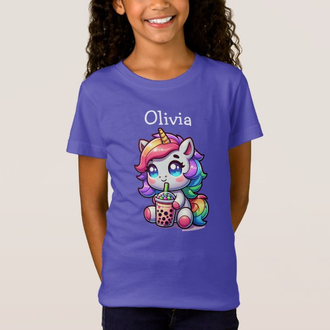 Camiseta Cute Kawaii Unicórnio com Chá Bble Personalizado (Frente)