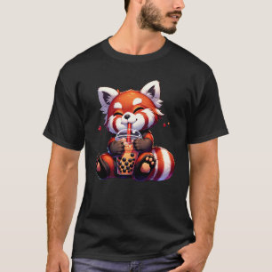 Camiseta Cute Kawaii Vermelho Panda Bebida Bolha Chá Chá Ch