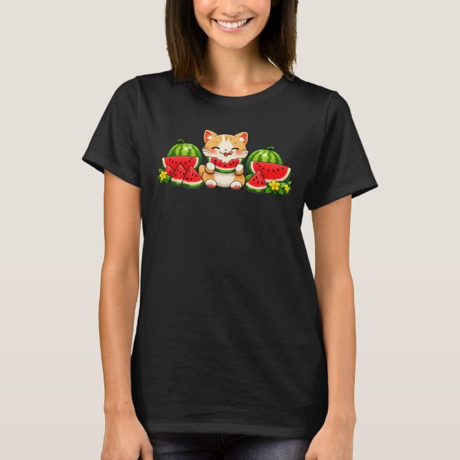 Camiseta Cute Kawaii Watermelon Cat Summer Cartoon (Frente)