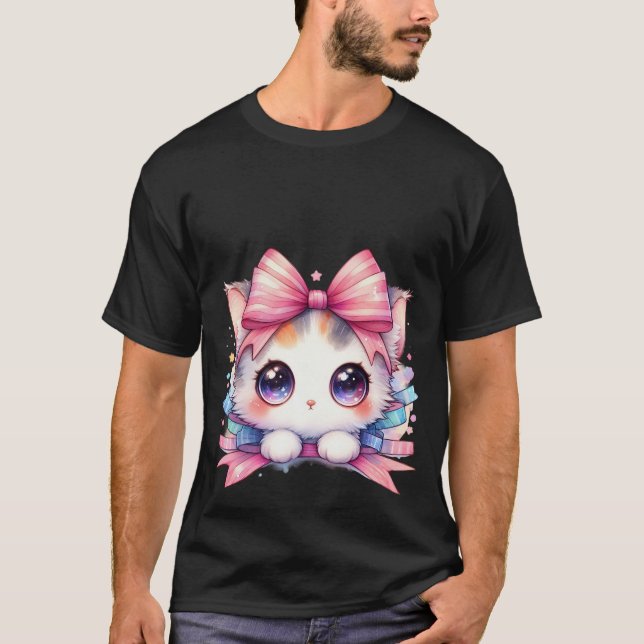 Camiseta Cute Kawaii White Kitten Pink Ribbon Bow Magic Cat (Frente)