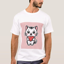 Camiseta Cute Kawaii White Tabby Cat Holding Red Heart ✨❤️