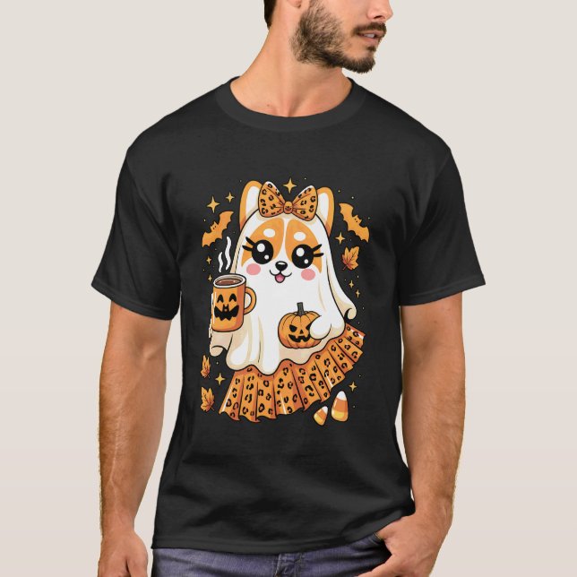 Camiseta Cute Leopardo Fantasma Corgi Cachorro Bebendo Café (Frente)